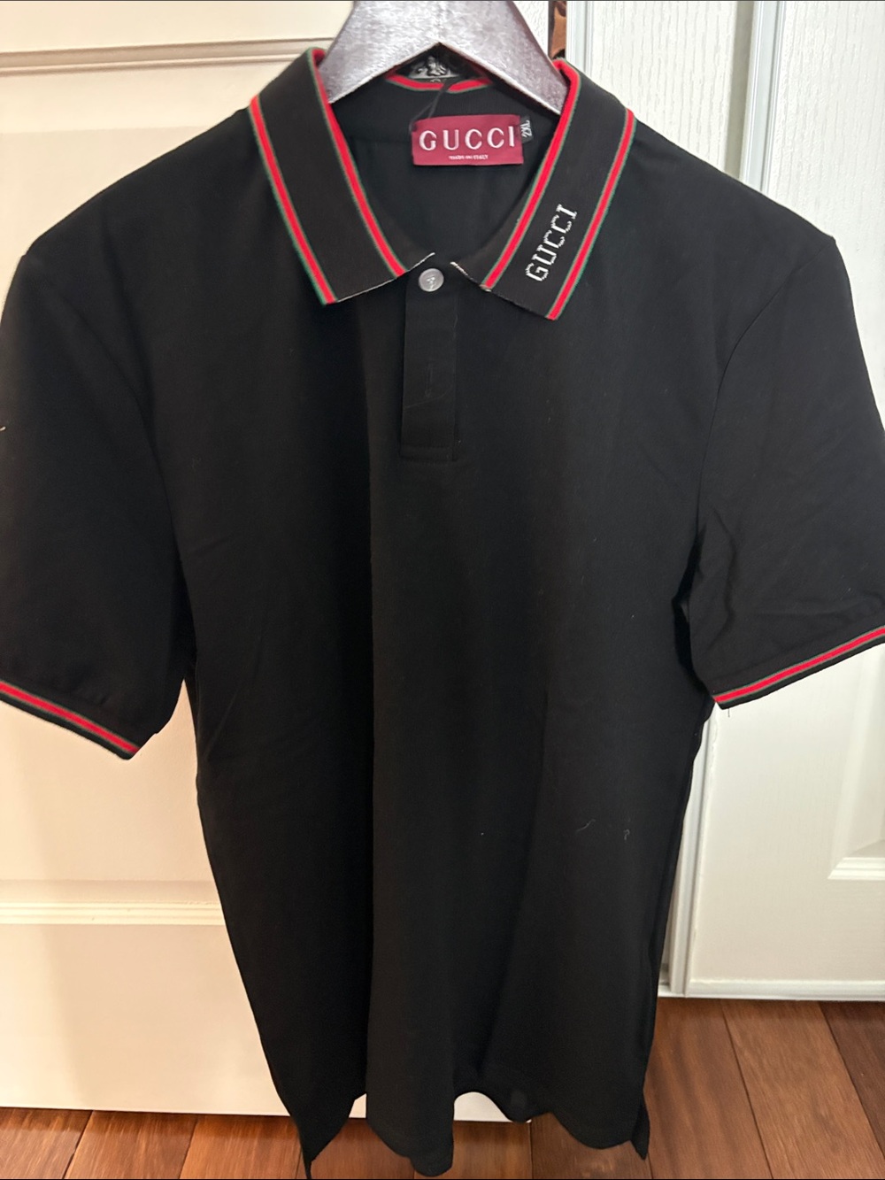 Gucci Black Polo with Red and Green Stripe Collar